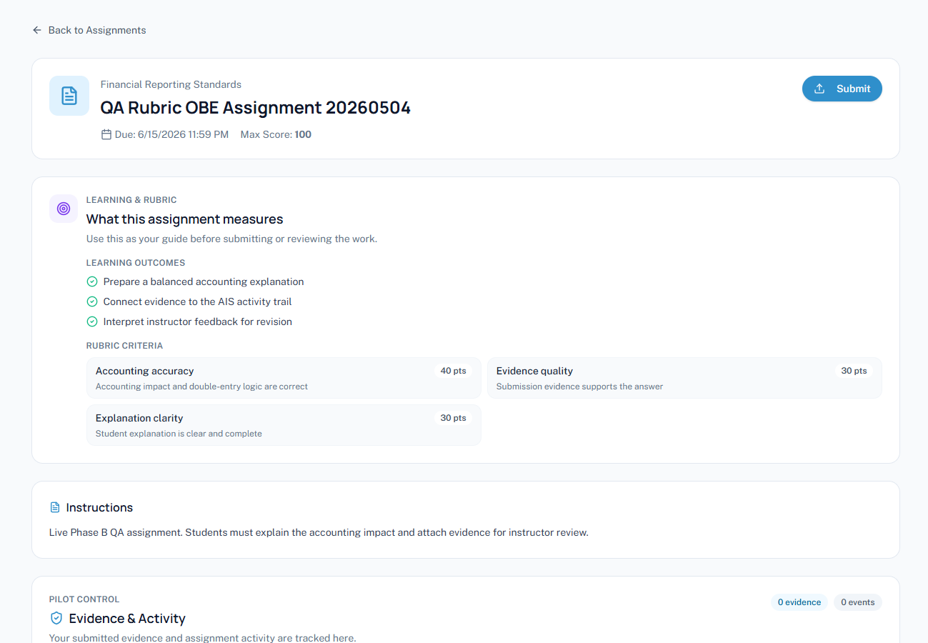 MaceSuite student OBE rubric assignment screen